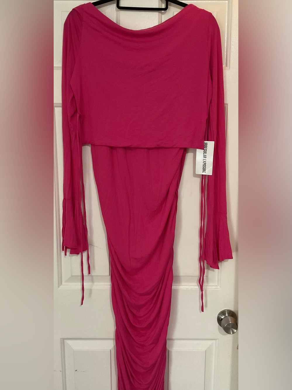 Irregular Exposure Women's Long Sleeve Fuchsia Ruched Two Piece Set
